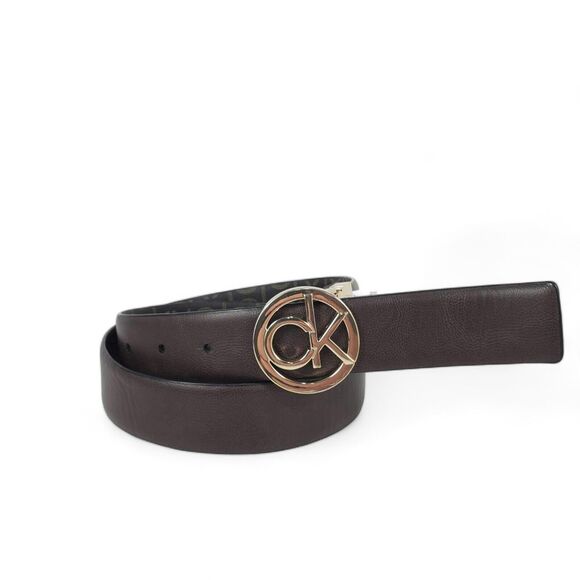 Calvin Klein Reversible Belt Brown Gold Buckle CK Logo Print Women Size Small 32 - Picture 2 of 8